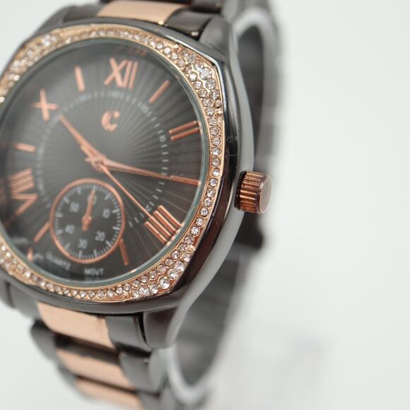 Charming Charlie Womens Two Tone Watch 39mm Black Rose Gold Tone w New Battery - Picture 10 of 14